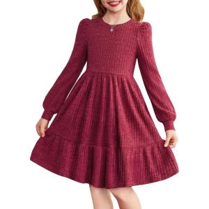 Arshiner Girls Sweater Dress Fall Winter Puff Long Sleeve Knit Pullover Formal Dresses with Pockets 6-14Y(Red)