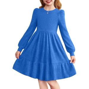 Arshiner Girls Sweater Dress Fall Winter Puff Long Sleeve Knit Pullover Formal Dresses with Pockets 6-14Y(Sky Blue)