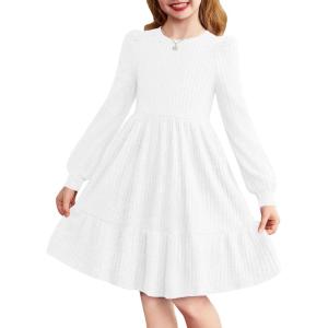 Arshiner Girls Sweater Dress Fall Winter Puff Long Sleeve Knit Pullover Formal Dresses with Pockets 6-14Y(White)