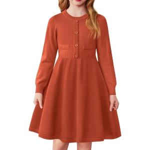 Arshiner Girls Sweater Dress Long Sleeve Button Knit Fall Winter Pullover Dresses for Kids 5-12 Years(Brown)