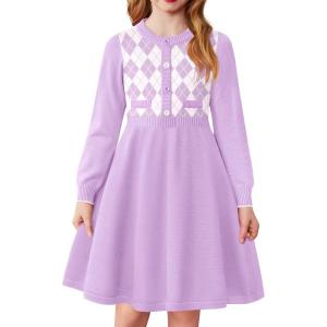 Arshiner Girls Sweater Dress Long Sleeve Button Knit Fall Winter Pullover Dresses for Kids 5-12 Years(Dusty Purple)
