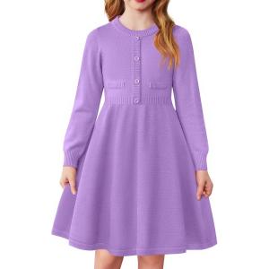 Arshiner Girls Sweater Dress Long Sleeve Button Knit Fall Winter Pullover Dresses for Kids 5-12 Years(Lavender)