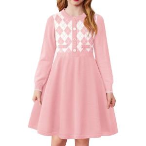Arshiner Girls Sweater Dress Long Sleeve Button Knit Fall Winter Pullover Dresses for Kids 5-12 Years(Pink)