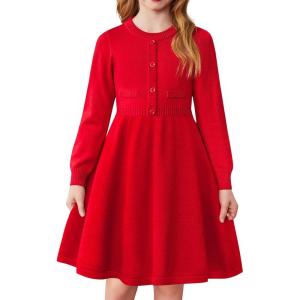 Arshiner Girls Sweater Dress Long Sleeve Button Knit Fall Winter Pullover Dresses for Kids 5-12 Years(Red)