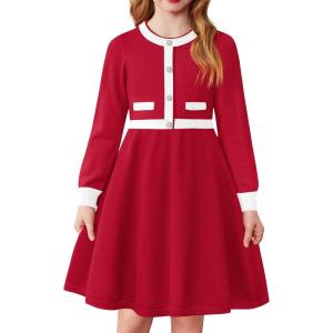 Arshiner Girls Sweater Dress Long Sleeve Button Knit Fall Winter Pullover Dresses for Kids 5-12 Years(Red-white)