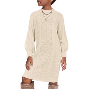 Arshiner Girl’s Sweater Dress Puff Long Sleeve Casual Cable Knit Pullover Fall Dresses for 6-12 Years(Apricot)