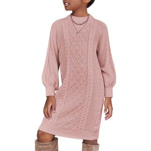 Arshiner Girl’s Sweater Dress Puff Long Sleeve Casual Cable Knit Pullover Fall Dresses for 6-12 Years(Dust Pink)