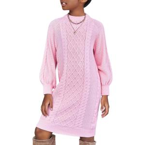 Arshiner Girl’s Sweater Dress Puff Long Sleeve Casual Cable Knit Pullover Fall Dresses for 6-12 Years(Pink)