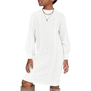Arshiner Girl’s Sweater Dress Puff Long Sleeve Casual Cable Knit Pullover Fall Dresses for 6-12 Years(White)