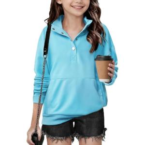 Arshiner Girls Sweatshirt Casual Lightweight Pullover Sweatshirts Long Sleeve Button Tops Fall Winter Clothes(Aqua Blue)