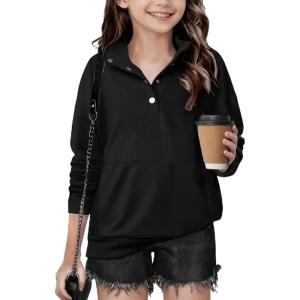 Arshiner Girls Sweatshirt Casual Lightweight Pullover Sweatshirts Long Sleeve Button Tops Fall Winter Clothes(Black)