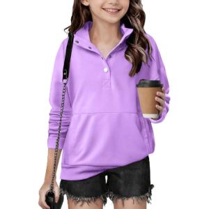 Arshiner Girls Sweatshirt Casual Lightweight Pullover Sweatshirts Long Sleeve Button Tops Fall Winter Clothes(Lavender)