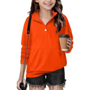 Arshiner Girls Sweatshirt Casual Lightweight Pullover Sweatshirts Long Sleeve Button Tops Fall Winter Clothes(Orange)