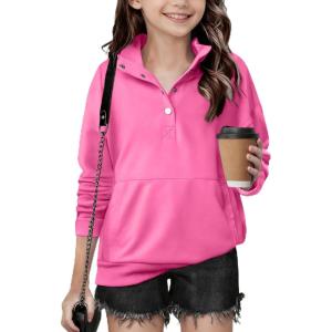 Arshiner Girls Sweatshirt Casual Lightweight Pullover Sweatshirts Long Sleeve Button Tops Fall Winter Clothes(Pink)