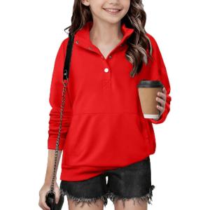 Arshiner Girls Sweatshirt Casual Lightweight Pullover Sweatshirts Long Sleeve Button Tops Fall Winter Clothes(Red)