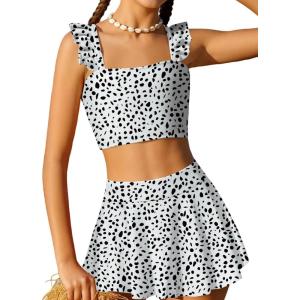 Arshiner Girls Swimsuit 3 Piece Bathing Suits Cute Bikini Tankini Sets Teen Ruffle Swimwear with Cover Up Skirt(Black Dots)
