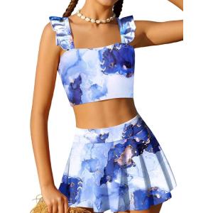 Arshiner Girls Swimsuit 3 Piece Bathing Suits Cute Bikini Tankini Sets Teen Ruffle Swimwear with Cover Up Skirt(Blue White Marble)