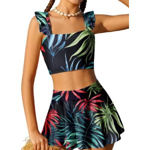 Arshiner Girls Swimsuit 3 Piece Bathing Suits Cute Bikini Tankini Sets Teen Ruffle Swimwear with Cover Up Skirt(Colorful Leaves)
