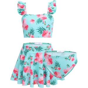 Arshiner Girls Swimsuit 3 Piece Bathing Suits Cute Bikini Tankini Sets Teen Ruffle Swimwear with Cover Up Skirt(Floral-green)