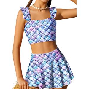 Arshiner Girls Swimsuit 3 Piece Bathing Suits Cute Bikini Tankini Sets Teen Ruffle Swimwear with Cover Up Skirt(Mermaid Blue)