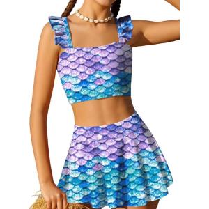 Arshiner Girls Swimsuit 3 Piece Bathing Suits Cute Bikini Tankini Sets Teen Ruffle Swimwear with Cover Up Skirt(Mermaid Blue Purple)