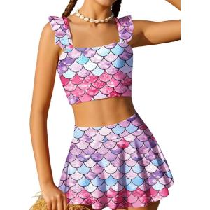 Arshiner Girls Swimsuit 3 Piece Bathing Suits Cute Bikini Tankini Sets Teen Ruffle Swimwear with Cover Up Skirt(Mermaid Purple)