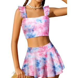 Arshiner Girls Swimsuit 3 Piece Bathing Suits Cute Bikini Tankini Sets Teen Ruffle Swimwear with Cover Up Skirt(Pink Blue)