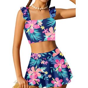 Arshiner Girls Swimsuit 3 Piece Bathing Suits Cute Bikini Tankini Sets Teen Ruffle Swimwear with Cover Up Skirt(Pink Floral-navy)