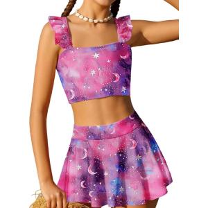 Arshiner Girls Swimsuit 3 Piece Bathing Suits Cute Bikini Tankini Sets Teen Ruffle Swimwear with Cover Up Skirt(Pink Purple)