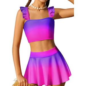 Arshiner Girls Swimsuit 3 Piece Bathing Suits Cute Bikini Tankini Sets Teen Ruffle Swimwear with Cover Up Skirt(Purple Pink)