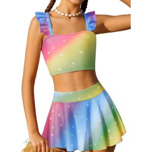 Arshiner Girls Swimsuit 3 Piece Bathing Suits Cute Bikini Tankini Sets Teen Ruffle Swimwear with Cover Up Skirt(Rainbow)