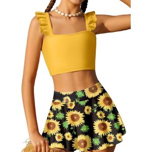 Arshiner Girls Swimsuit 3 Piece Bathing Suits Cute Bikini Tankini Sets Teen Ruffle Swimwear with Cover Up Skirt(Sunflower)