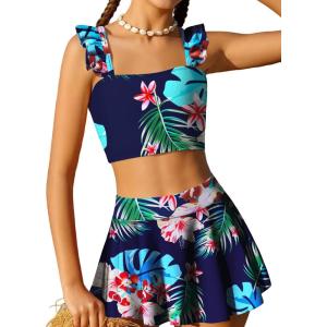 Arshiner Girls Swimsuit 3 Piece Bathing Suits Cute Bikini Tankini Sets Teen Ruffle Swimwear with Cover Up Skirt(White Floral-black)