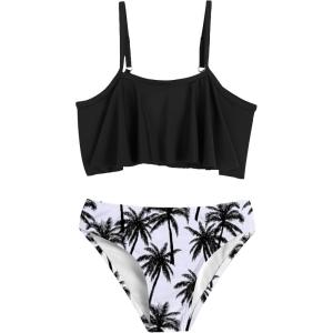 Arshiner Girls Swimsuit Two Pieces Bikini Set Ruffle Bathing Suits Flounced Tankini Swimwear(Black – Tree)