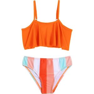 Arshiner Girls Swimsuit Two Pieces Bikini Set Ruffle Bathing Suits Flounced Tankini Swimwear(Orange – Stripes)