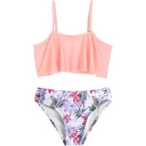 Arshiner Girls Swimsuit Two Pieces Bikini Set Ruffle Bathing Suits Flounced Tankini Swimwear(Salmon – Flower)