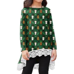 Arshiner Girls Tunic Tops Casual Basic Loose Soft Swing Pullover Long Blouse T-Shirt Tee(C Christmas Green Teddy)