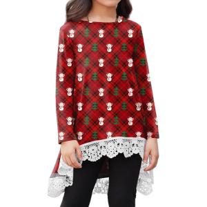 Arshiner Girls Tunic Tops Casual Basic Loose Soft Swing Pullover Long Blouse T-Shirt Tee(C Christmas Red Teddy)
