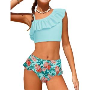 Arshiner Girls Two Piece Swimsuit Ruffles Flounce Printed Bikini Set Swimwear Girl Bathing Suits with Chest Pad 4-15 Years(Pattern 25)