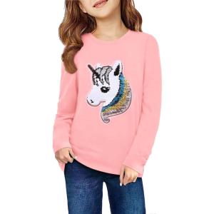 Arshiner Girls Unicorn Shirts Short Sleeve Flip Sequin T-Shirt Tops(A-pink)