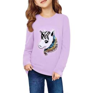 Arshiner Girls Unicorn Shirts Short Sleeve Flip Sequin T-Shirt Tops(A-purple)