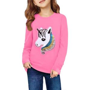 Arshiner Girls Unicorn Shirts Short Sleeve Flip Sequin T-Shirt Tops(A-rose Red)