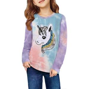 Arshiner Girls Unicorn Shirts Short Sleeve Flip Sequin T-Shirt Tops(A-tie Dye)