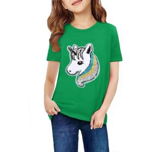 Arshiner Girls Unicorn Shirts Short Sleeve Flip Sequin T-Shirt Tops(Green)