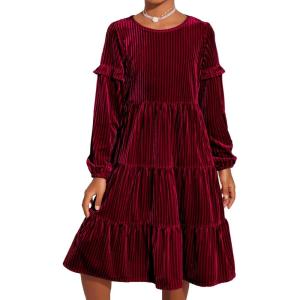 Arshiner Girls Velvet Tiered Dress Long Sleeve Crew Neck Elegant Tween Twirly Dresses for 6-13 Years(A-red)