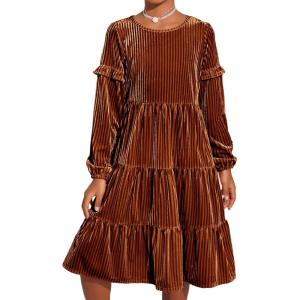 Arshiner Girls Velvet Tiered Dress Long Sleeve Crew Neck Elegant Tween Twirly Dresses for 6-13 Years(Caramel)