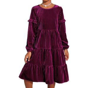 Arshiner Girls Velvet Tiered Dress Long Sleeve Crew Neck Elegant Tween Twirly Dresses for 6-13 Years(Fuchsia)