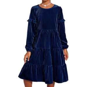 Arshiner Girls Velvet Tiered Dress Long Sleeve Crew Neck Elegant Tween Twirly Dresses for 6-13 Years(Navy Blue)
