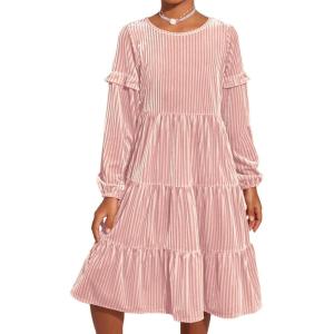 Arshiner Girls Velvet Tiered Dress Long Sleeve Crew Neck Elegant Tween Twirly Dresses for 6-13 Years(Pink)