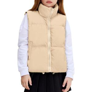Arshiner Girls Winter Zipper Puffer Vest Lightweight Sleeveless Outwear Puffy Vests for 5-12 Years Old(Khaki)
